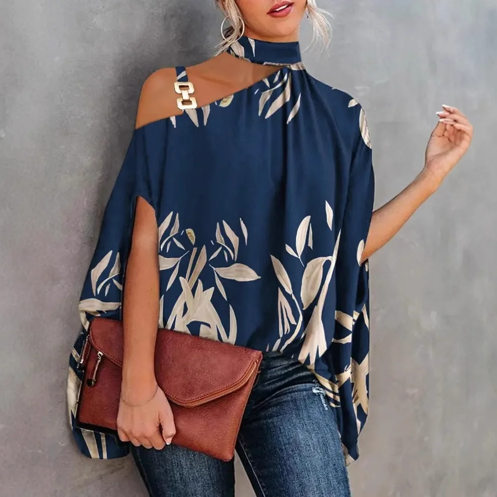 Elegant Peacock Floral Print Blouse Ladies Choker Neck Cold Shoulder Buckle Strap Batwing Sleeve Top
