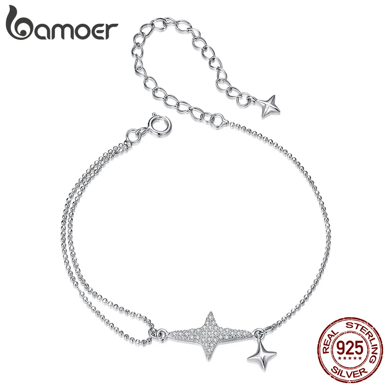 Bamoer 925 Sterling Silver Original Starlight Bracelet Star Chain White Gold Simple lovely for Women Adjustable Fine Jewelry