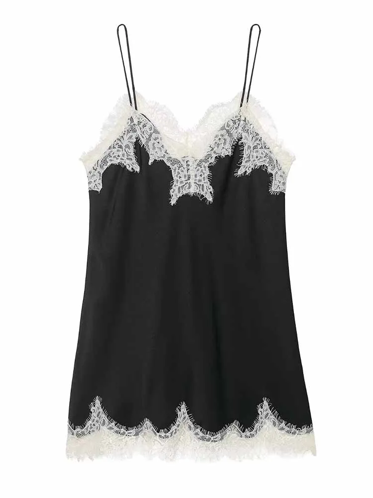 

HH Woman Summer Fashion Sexy Sleeveless Backless Lace Decoration Silk Satin Texture Camisole Top Female Party Style Halter Top