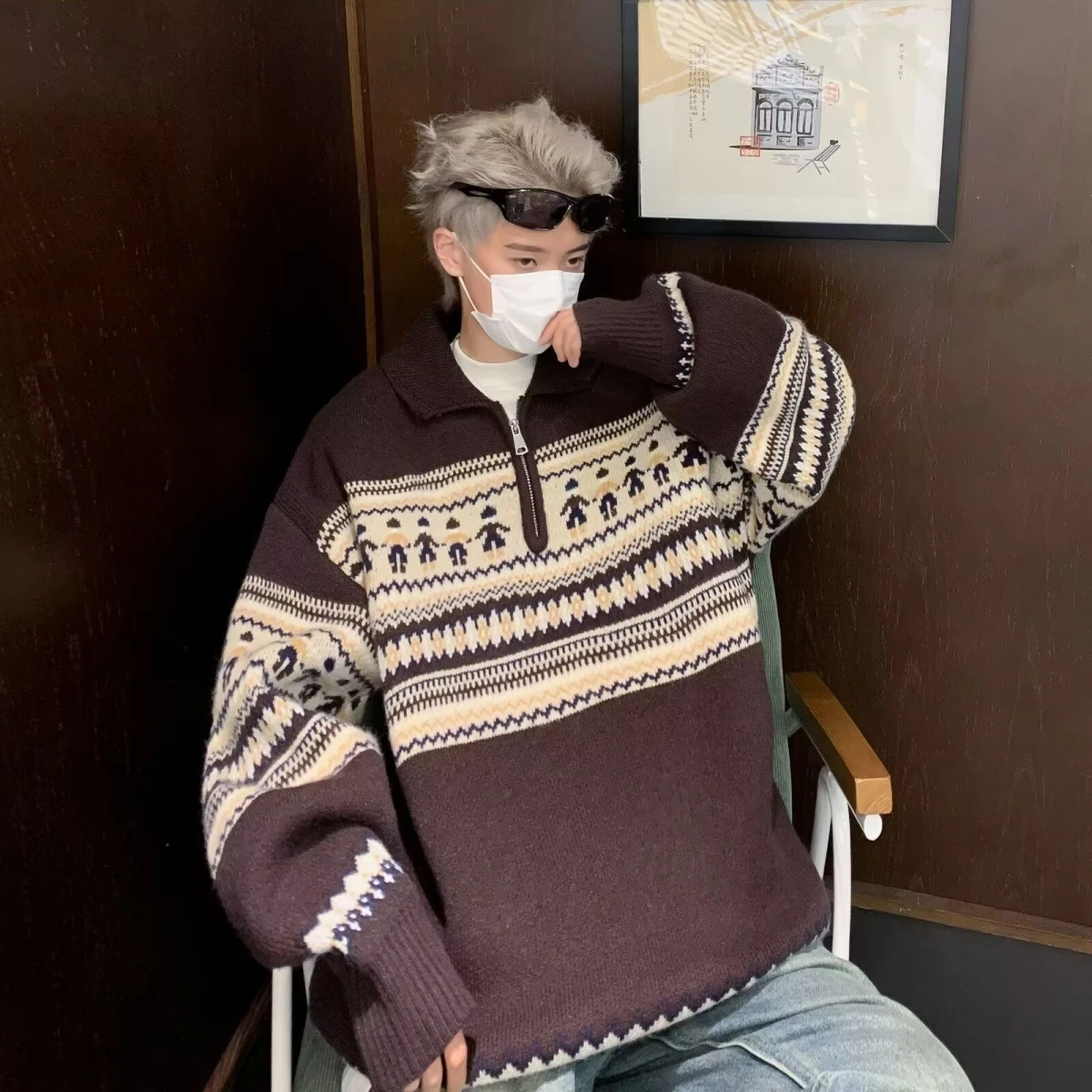 

Thiened Flip-Collar Knitted Sweater for Boys Spring Autumn Neutral Sle Korean Version Winter Long Sve Elastic Youth Fa...