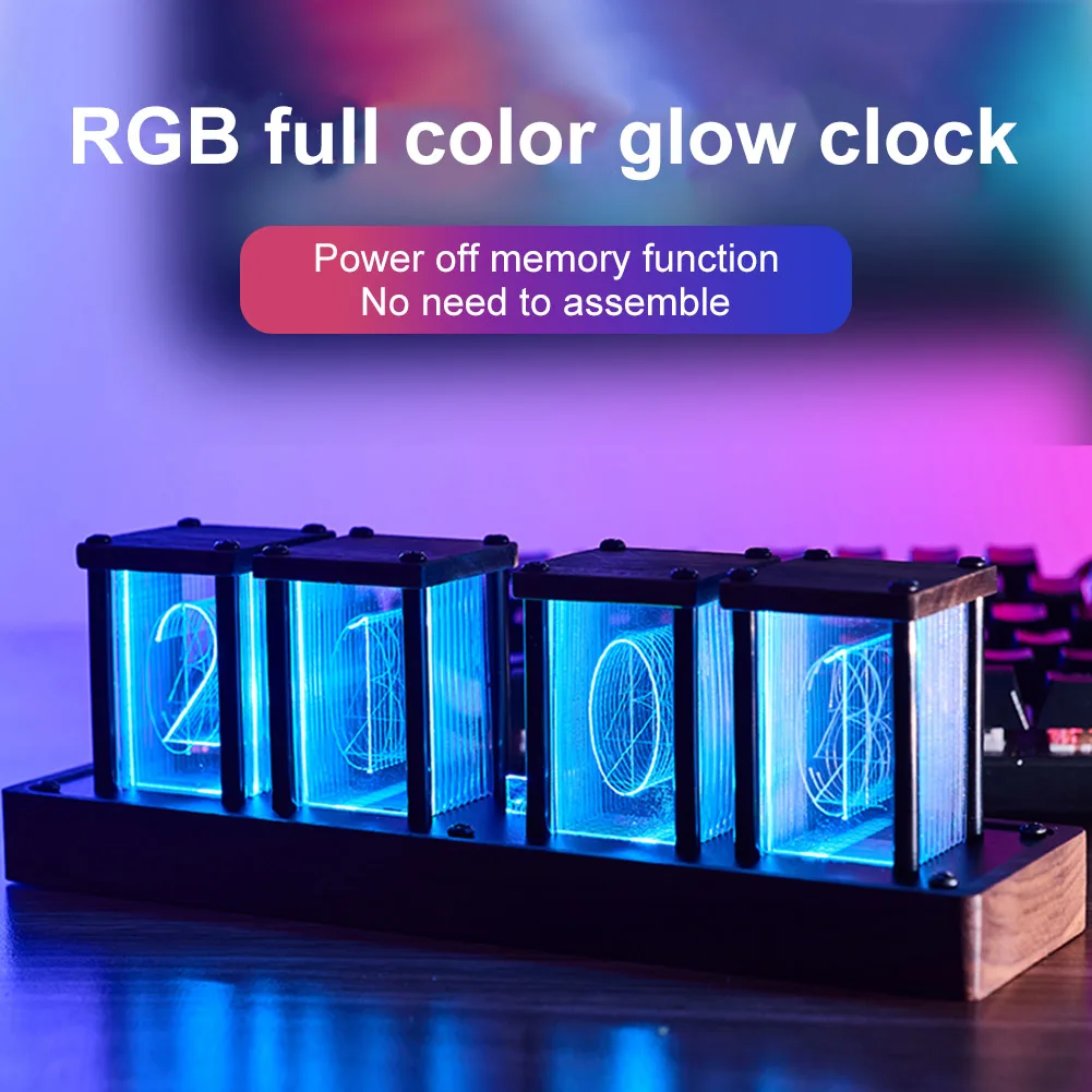 Adjustable LED Tube Clock Vintage Digital RGB Glow Tube Clock Timer 12/24 Hours Walnut Wood Base Alarm Clocks Table Decoration