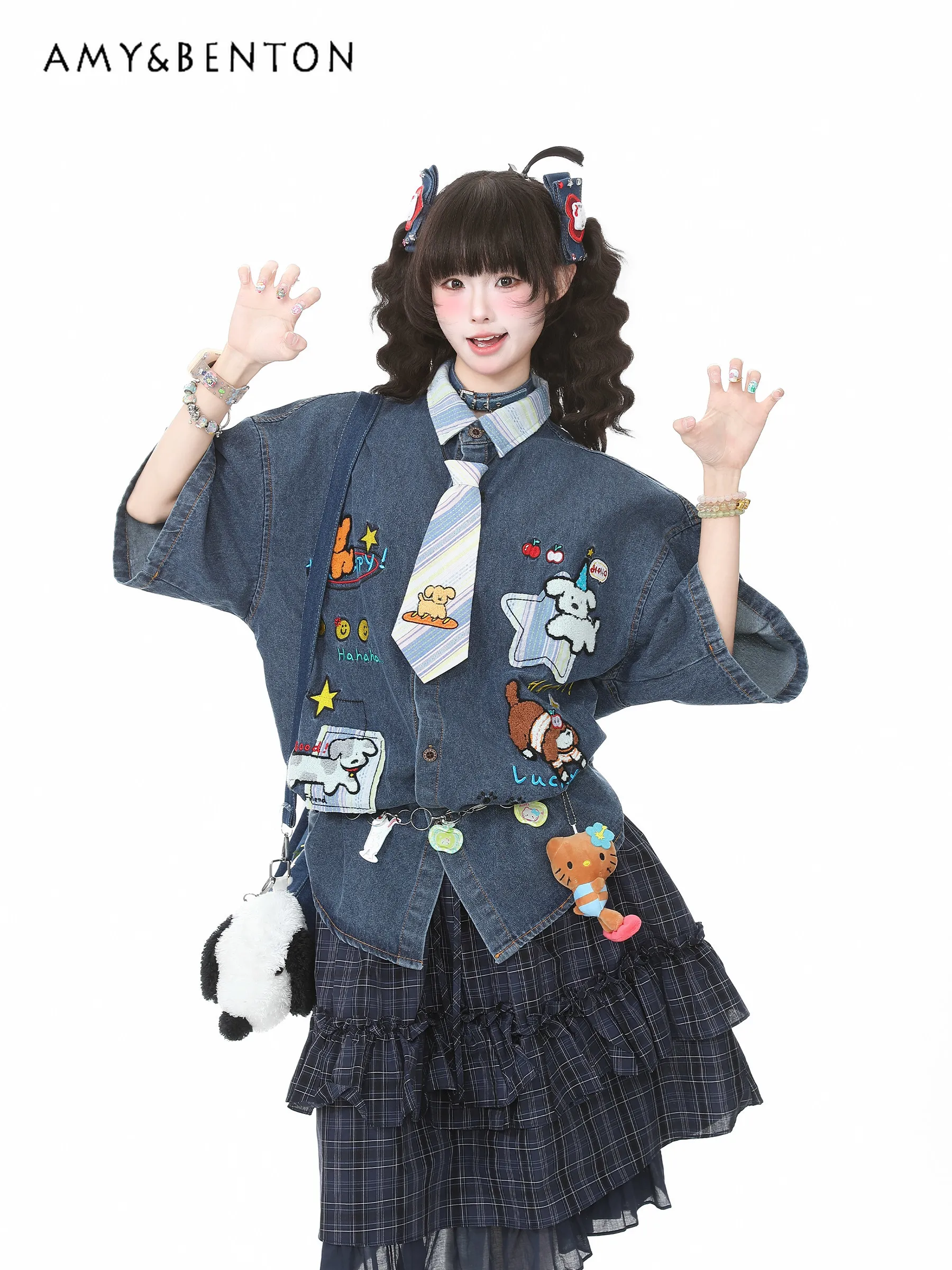 

2026 Summer Cute Cartoon Dog Towel Embroidery Denim Short Sleeve Shirt Women Contrast Plaid Collar Blouse with Decorative Tie