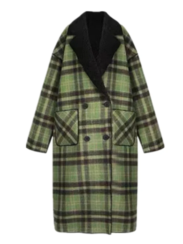 Green Woolen Plaid Coats for Women Fashion Autumn Winter Classy Vintage Long Outerwear Aesthetic Loose Ulzzang Female Clothes