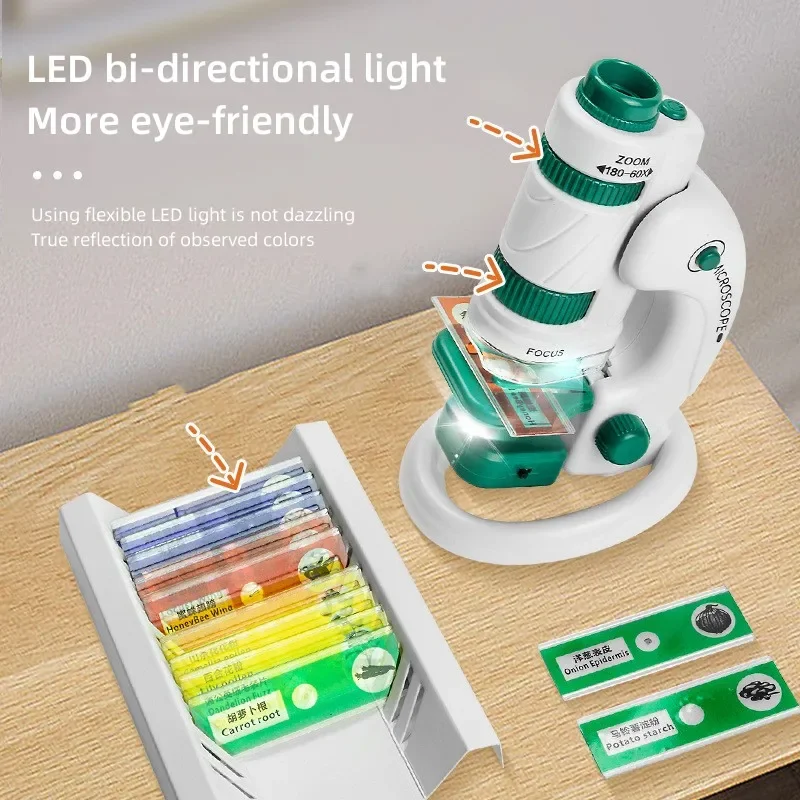 Kids Science Microscope Toy Kit 60-180x Educational Mini Pocket Handheld Smart Phone Microscope with LED Light Outdoor Children