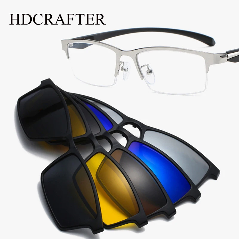 Hdcrafter 6 em 1 ímã polarizado clipe óculos quadro masculino tr90 óptico miopia clipe óculos para homem prescrição óculos quadro