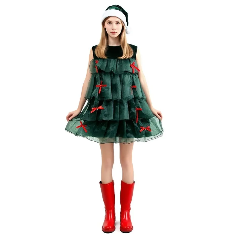 Vestido verde sin mangas con forma de árbol de Navidad para mujer, vestido escalonado con tocado, trajes de fiesta de juego de rol, puesta en escena, regalos de Navidad