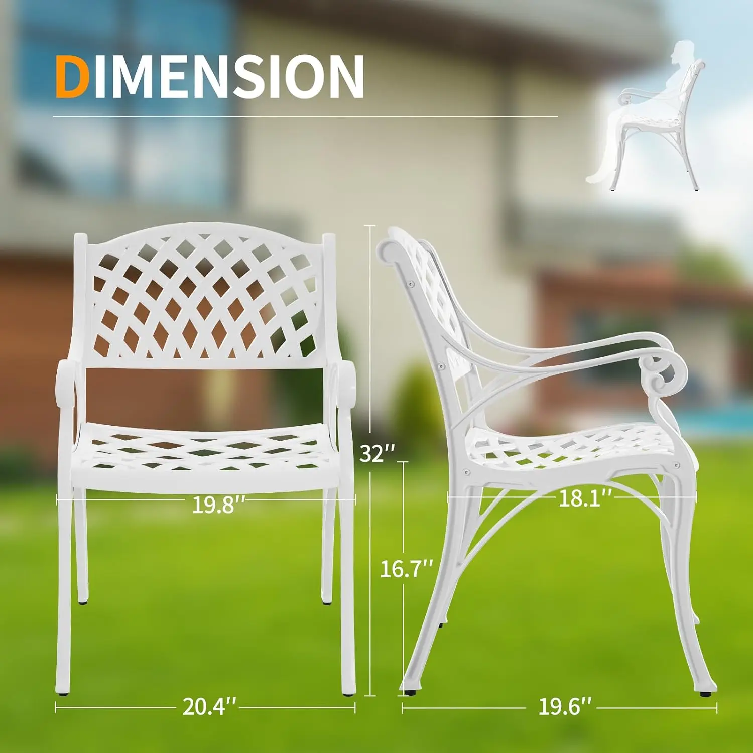 Aluminum Patio Dining Chairs Set of 2 with Armrest, All Weather Metal Outdoor Bistro Chair w/Adjustable Pads, Customized