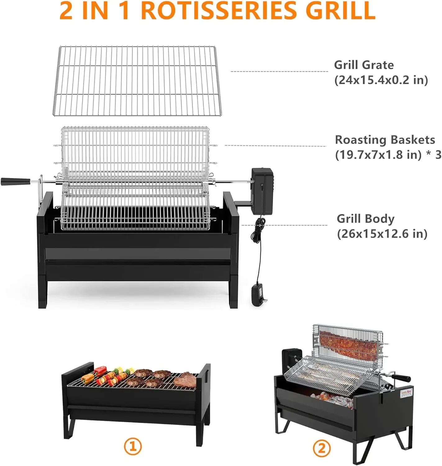 Grill Rotisserie Kit with 3 Stainless Steel Rotating Baskets and 24 In Grill Grate, Auto Swivel BBQ Roasting Machine for Outdoor