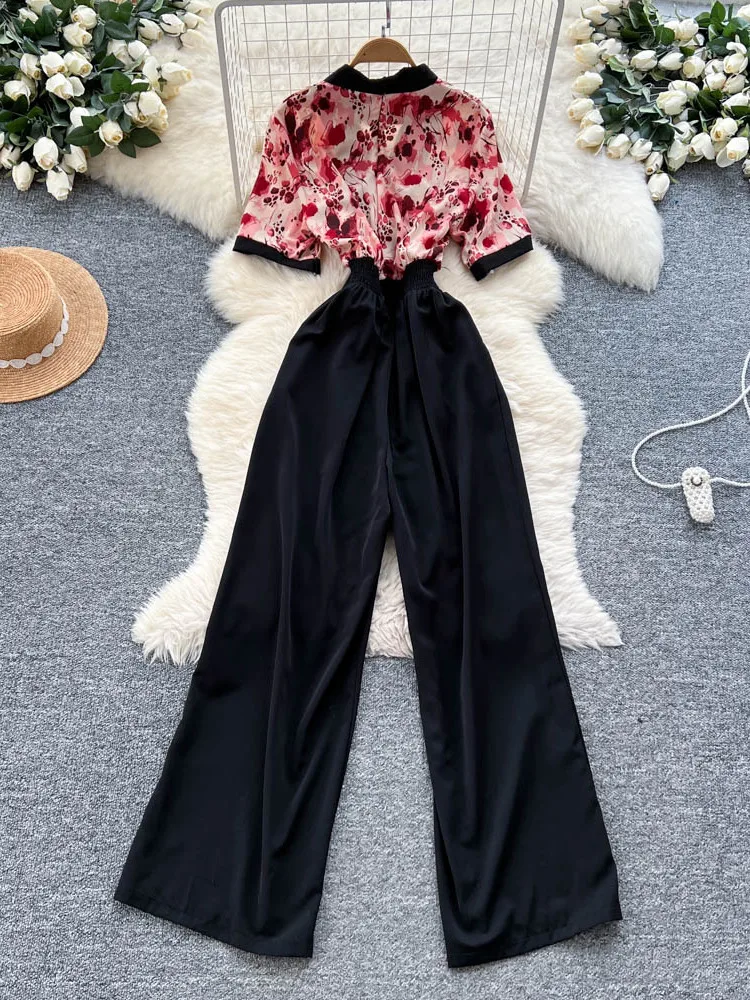

Casual Commute Onesie Pants Women Summer Light Maturi Print Patchwork Waist ort Sve Wide Leg Straight Tube Pants