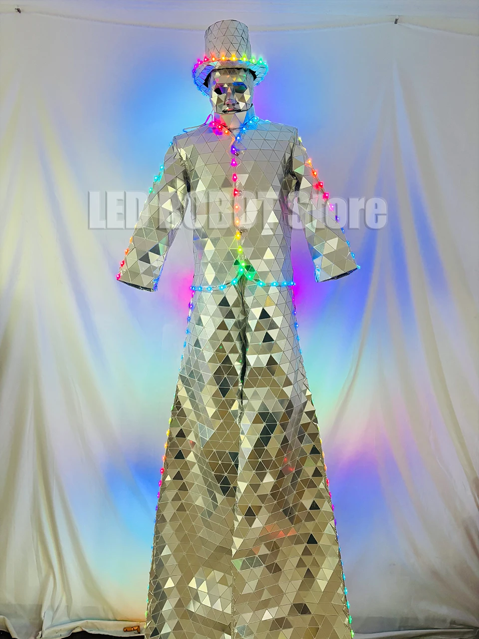 LED Lighted Strip Silver Mirror Set Stilts Style Mask Men's Set Lights Remote Controlled Stage Performance Costume