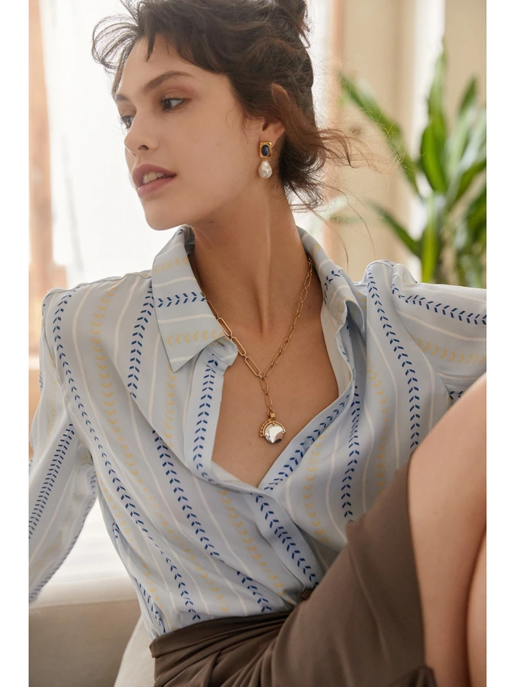 SuyaDream, Woman Striped Shirts, 100%Silk Crepe, Printed Light Blue Blouses, 2024 Spring Autumn Office Lady Top