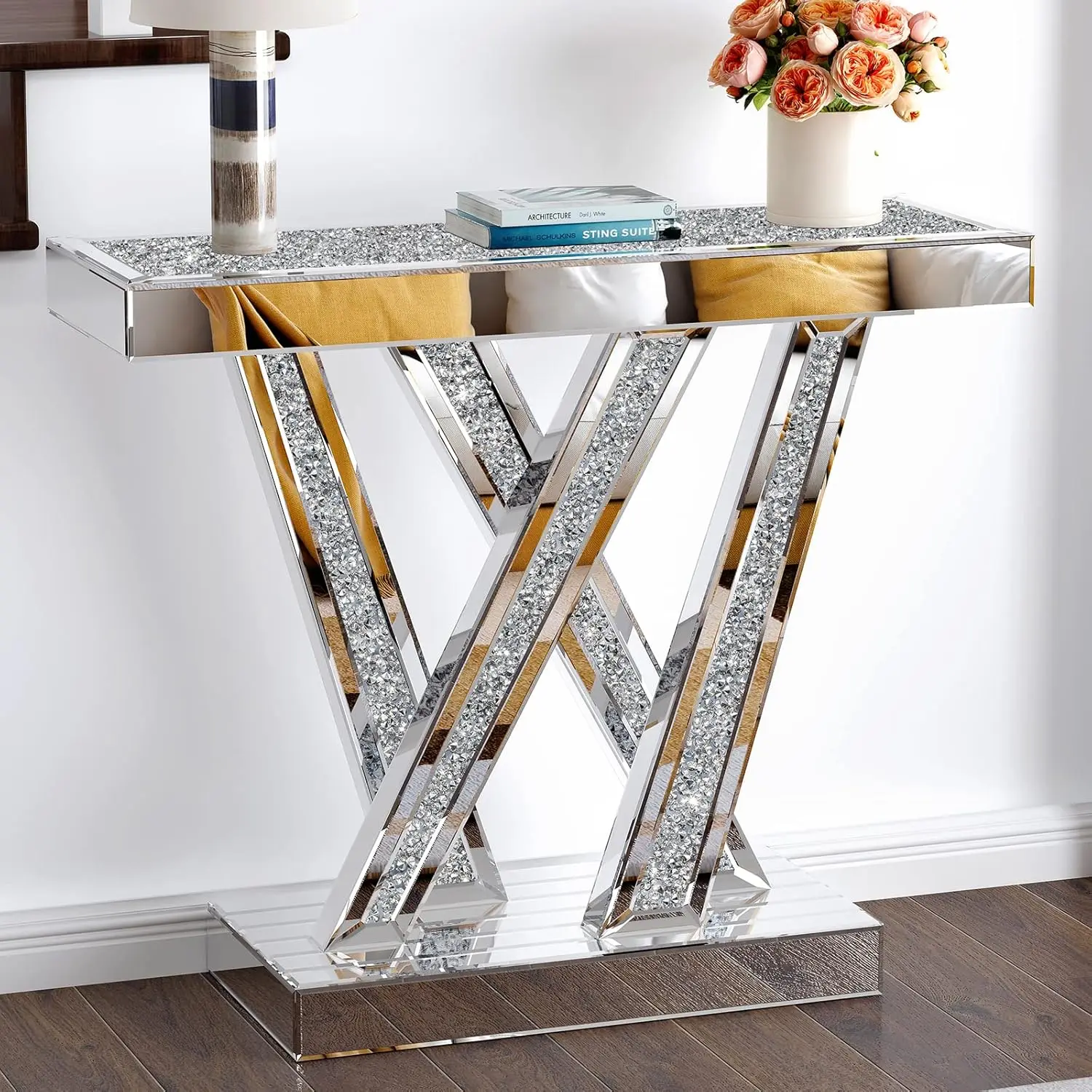 Modern Console Table Mirrored Finished, Glam Style W Silver Entryway Table Inlay with Sparkly Crushed Crystals