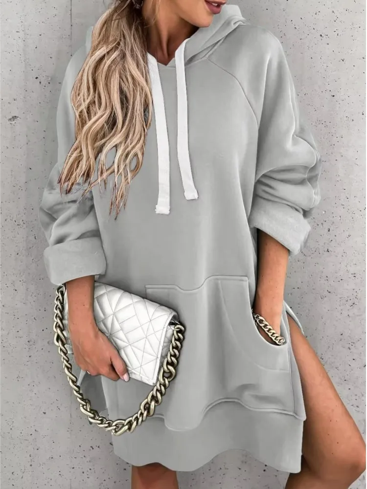Fashion Solid Hooded Long Tops For Women Casual Loose Long Sleeve Hoodie Top With Pocket Female Autumn Winter Warm Ladies Tops