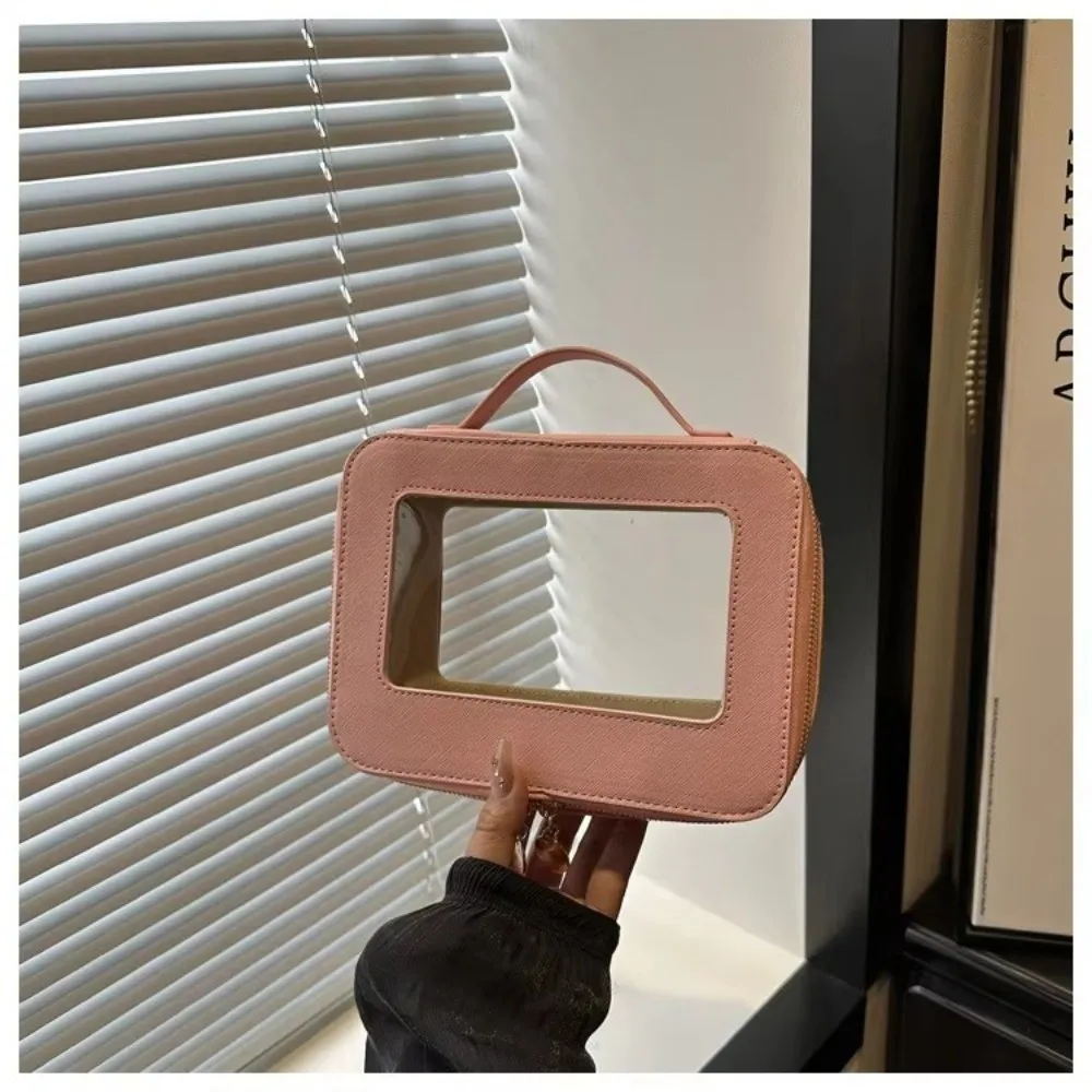 Fashion Transparent Travel Storage Bag Spliced Large Capacity Makeup Bag Handheld PVC Small Square Bag Handbag