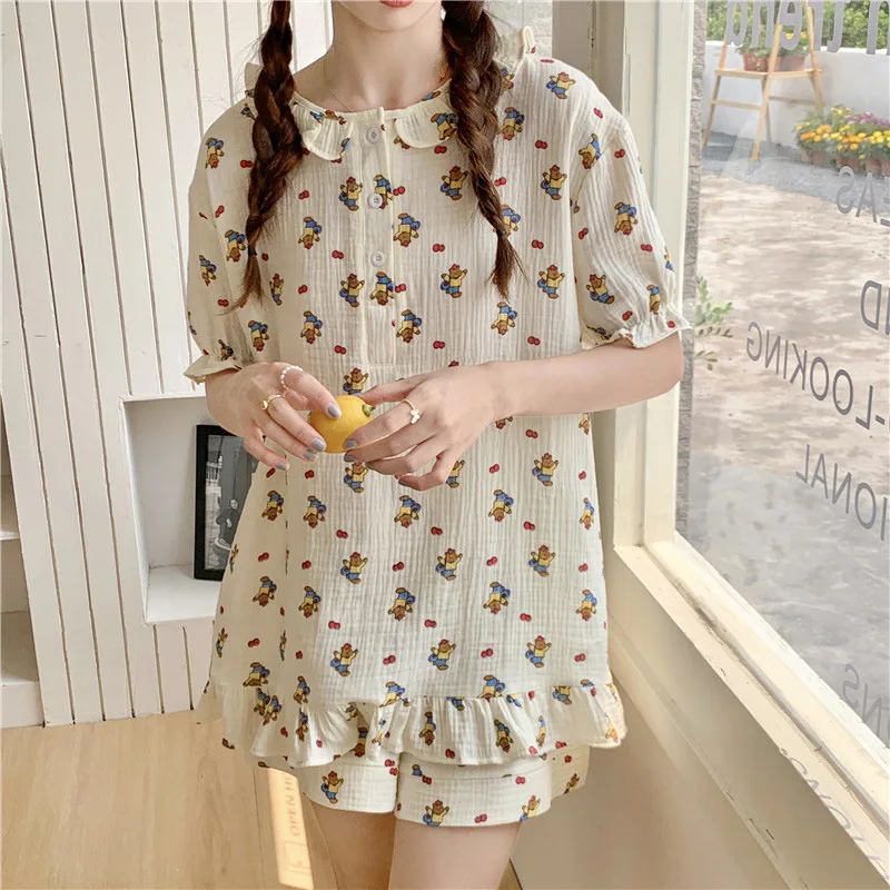 

Soft Bear Print Cartoon Cute Summer Short Sleeve NightDress Women Home Casual Elegant Cotton Loose Two Piece Set Pajamas Set