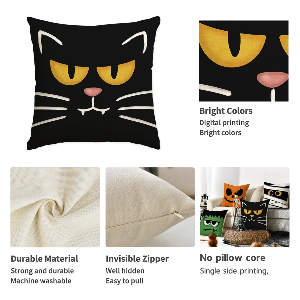 1/4 قطعة كيس وسادة للهالوين، غطاء وسادة إموجي ممتع باللون البرتقالي للهالوين، أريكة مزخرفة، غرفة معيشة، غطاء وسادة لغرفة النوم