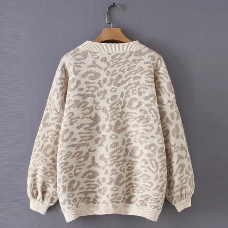 Leopard Knitted Sweater Fashion Animal Print Thick Female Pullovers Oversized Sweater Long Sleeve Crewneck Jumpers Sweter Mujer