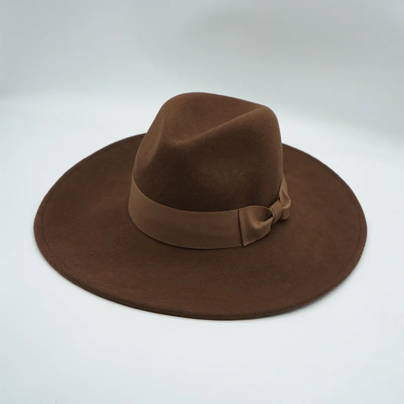 Wide Brim Fedora Hat -100% Wool Felt Water Resistant Ribbon Bow Band Winter Hats