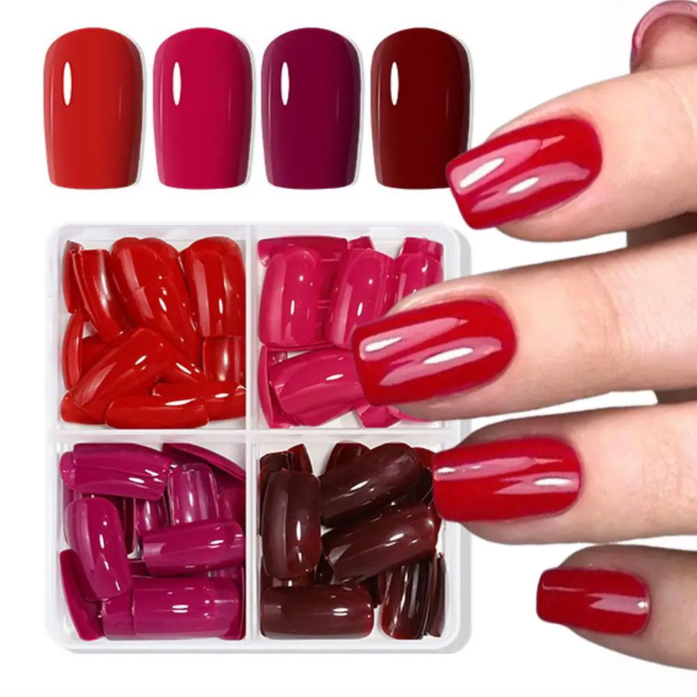 96 Peças/Caixa Unhas Postiças Curtas Formato Caixão, Cores Vinho/Ameixa/Cereja/Rosa Vermelho, de Pressão, Cobertura Total, para o Dia dos Namorados