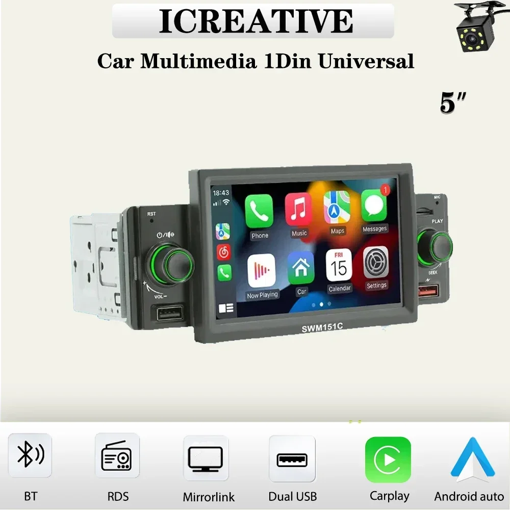 

1Din Car Radio Universal Carplay Multimedia Vedio Player Autoaudio Head Unit Display Mirrorlink 5'' Touch Screen Navigation GPS