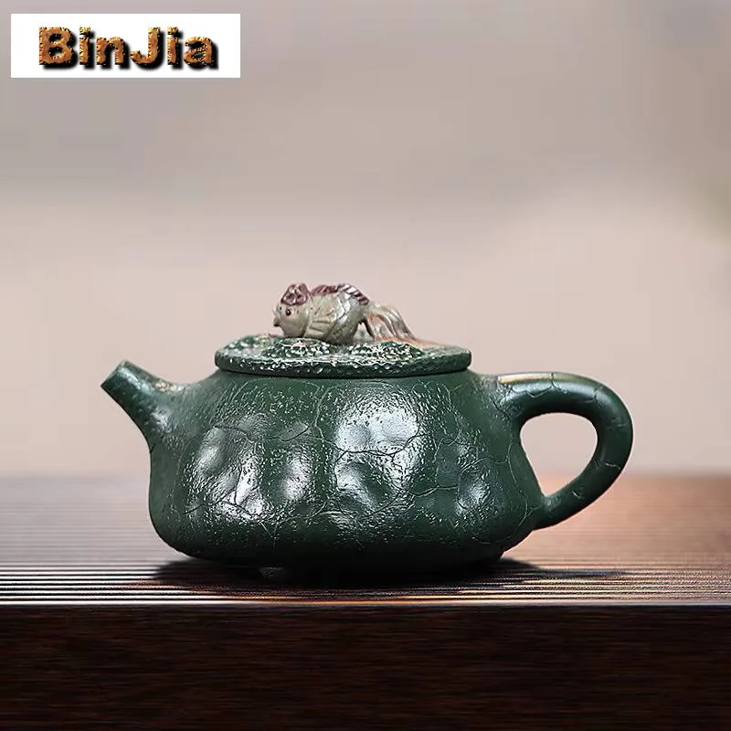 

240Ml Yixing Purple Clay Teapot Hand Pinch Koi Fish Lid Tea Pot Raw Ore Green Mud Kettle Chinese Handmade Zisha Kung Fu Set