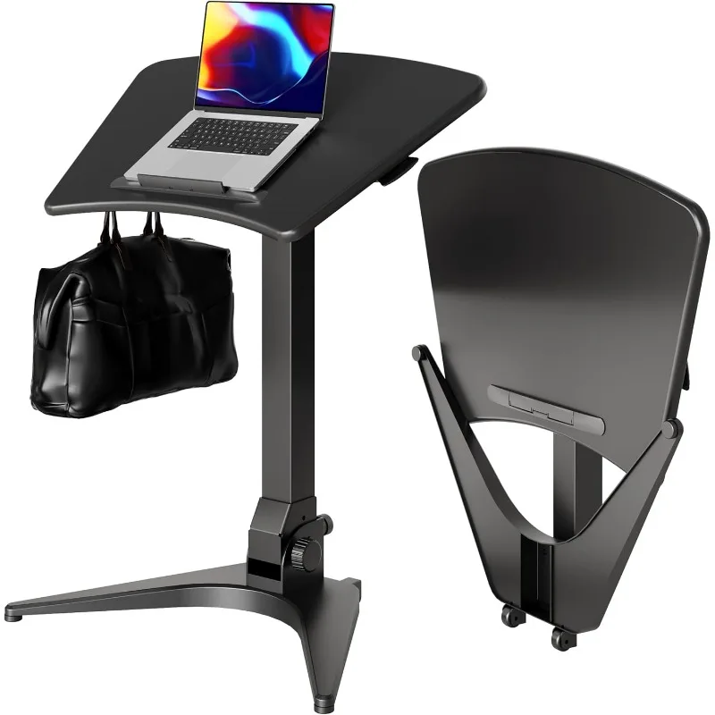 

Small Rolling Standing Desk, Pneumatic Height Adjustable Sit-Stand Desk with 90° Tiltable, Portable Mobile Workstation