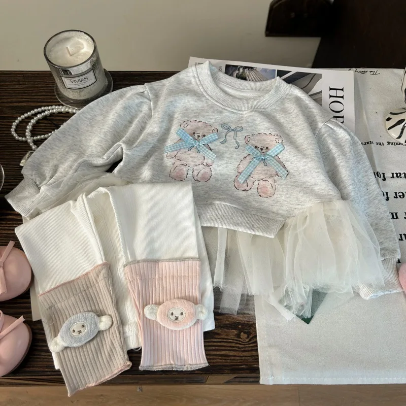 

Children's Clothing2025New Autumn Girls' Patchwork Bear Sweatshirt and Cartoon Patchwork Leggings Two-Piece Set