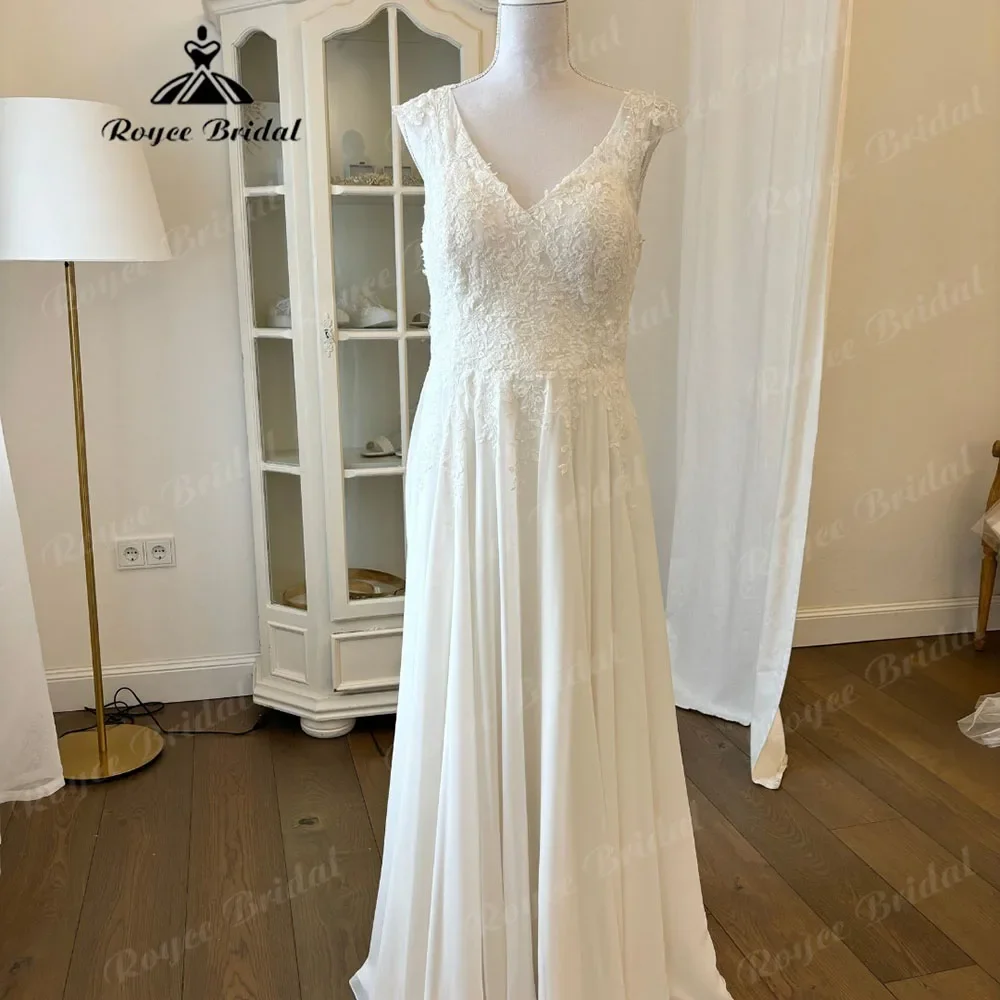Brautkleider Flowy 쉬폰 레이스 아플리케 V넥 보호 웨딩 원피스, 모자 슬리브 포함, 2025 신부 가운, 맞춤 제작 hochzeitskleid