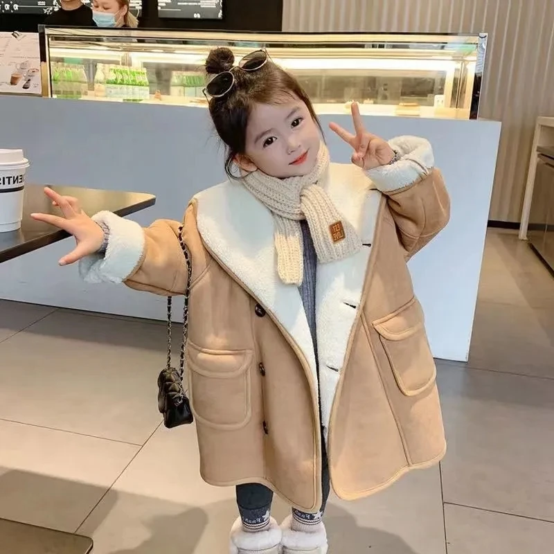 Winter Kids Thick Faux Leather Jacket Coat for Boys Girls Khaki Hooded Long Warm Overcoat Toddler Children Velvet Outerwear Coat