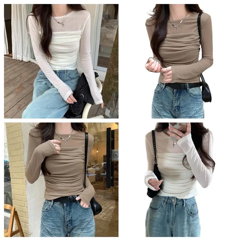 

Long Sleeve Slim Long Sleeve T-shirt Transparent Mesh Wrinkle Shape Women Thin Tops Versatile Slim Fit Korean Style Crop Top