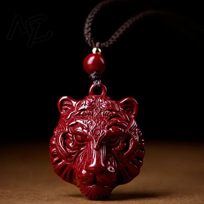

Fashion Cinnabar Jade Tiger Head Pendant Necklace Jewellery Chinese Hand-Carved Healing Women Man Luck Gift Sweater Chain