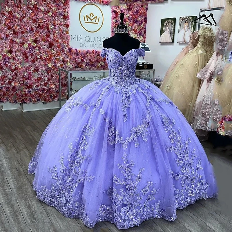 

Блестящее бальное платье лавандового цвета, платья для Quinceanera с открытыми плечами, женское Тюлевое милое платье 15 16, платье XV для выпускного вечера, женское платье