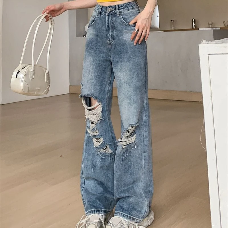レディーススタイリッシュなワイドレッグサマージーンズフレアボトムスデニムパンツヴィンテージ風のデザインハイウエスト痩身効果パンツ
