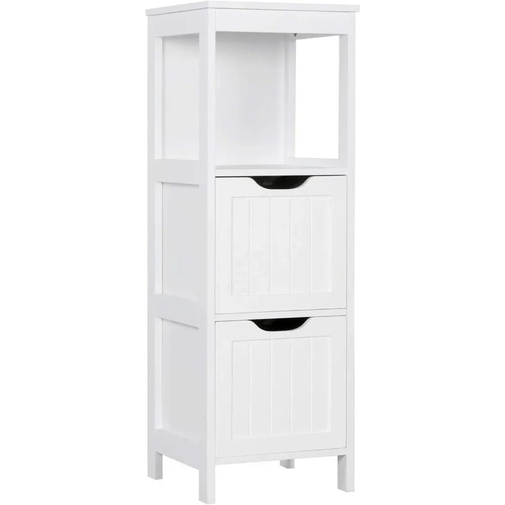 Bathroom Floor Cabinet, Wooden Storage Cabinet with 2 Drawers, Multifunctional Side Organizer Rack Stand Table, White