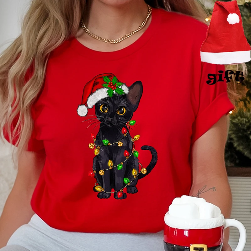 

Черная кошка, рождественские женские футболки, одежда, котенок, рождественские футболки, кошка с подсветкой, кошка, любимый подарок с рождественскими шапками, футболка, одежда