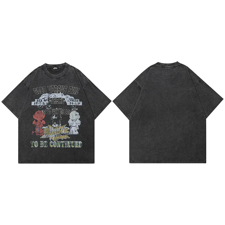 2026 Hip Hop Faded Black T-Shirt Streetwear Vintage Graphic T Shirt Retro Angel Devil Printed Men Tshirt Cotton Casual Tops Tees