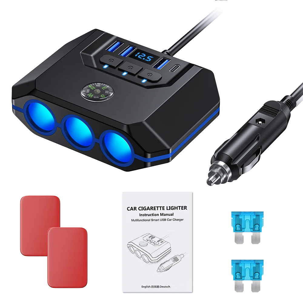 7-in-1 Zigarettenanzünder-Verteiler 120W 3-Port Auto-Ladegerät Adapter USB PD Stromanschluss mit EIN/AUS-Schaltern – Detail 6