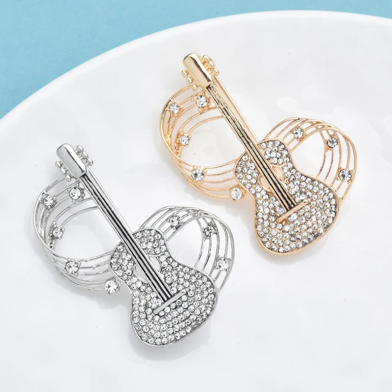 Wuli&baby Pretty Musical And Violin Brooches For Women Unisex 2-color Rhinestone Guitar Brooch Pins Gifts