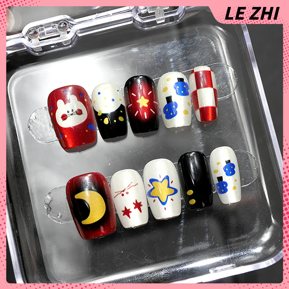 Cute Cartoon Cat Dog Handmade Press On Nails Spicy Gril Short Square Long Coffin Bow Hand-Drawn Line Wave Point Full Cover Nail