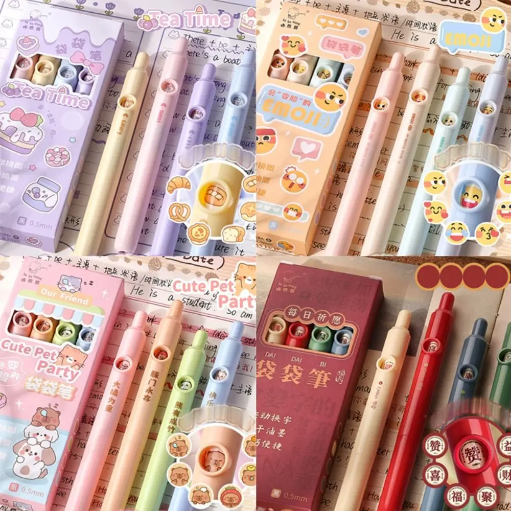 4PCS/Set Quick-drying Pocket Pen Mini Capybara Panda Short Pen Smooth Writing Stationery 0.5mm Black Ink Ballpoint Pen