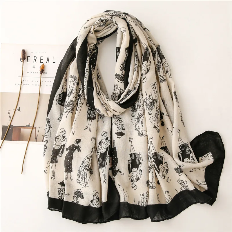 

2023 New European American Fashion Figures Cotton Viscose Scarf Travel Sun Protection Shawl Silk Woman Scarf