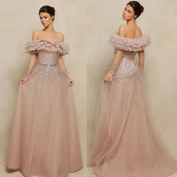 Customized Casual Classic Tulle Sequined Pleat Ruched Draped A-line Off-the-shoulder Long Dresses Cocktail Dresses High Quality