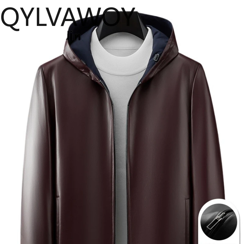 

QYLVAWOY 2025 Autumn Winter Real Sheepskin Men's Leather Jacket Business Casual Hooded Motorcycle Style Trendy Outerwear LJ2657