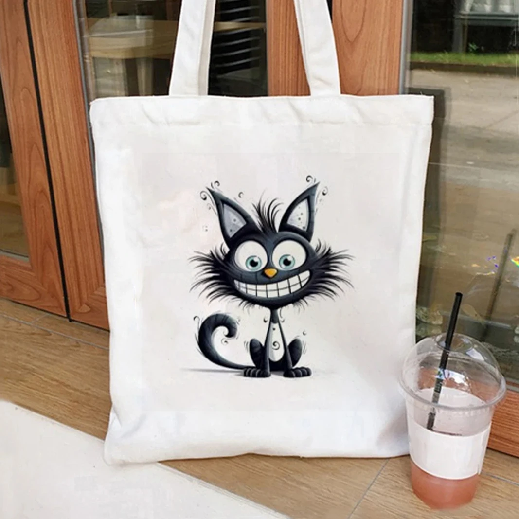 It's Fine Print Canvas Tote Bags حقيبة تسوق كبيرة كتب أنثى حقيبة مستحضرات التجميل حقيبة يد فتاة حقائب اليد القطة السوداء #4