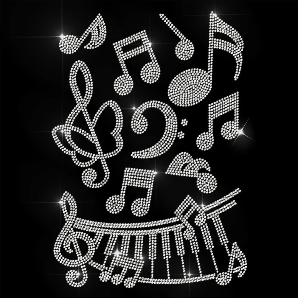 Weiße Strass-Aufnäher zum Aufbügeln, Musiknoten, Bling-Hotfix-Aufnäher für Kleidung, 11,6 x 8,2 Zoll, große Pailletten-Applikation zum Aufbügeln