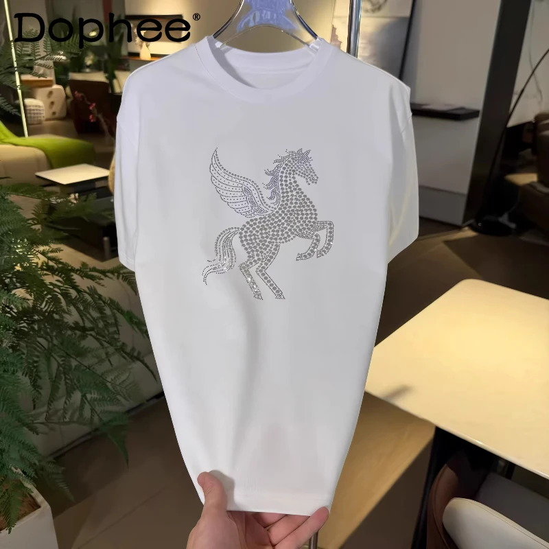 

Men's 2026 New Fashion Rhinestone T-shirts Loose Round Neck Short Sleeve Tees Comfort Versatile Trendy Solid Color Handsome Tops