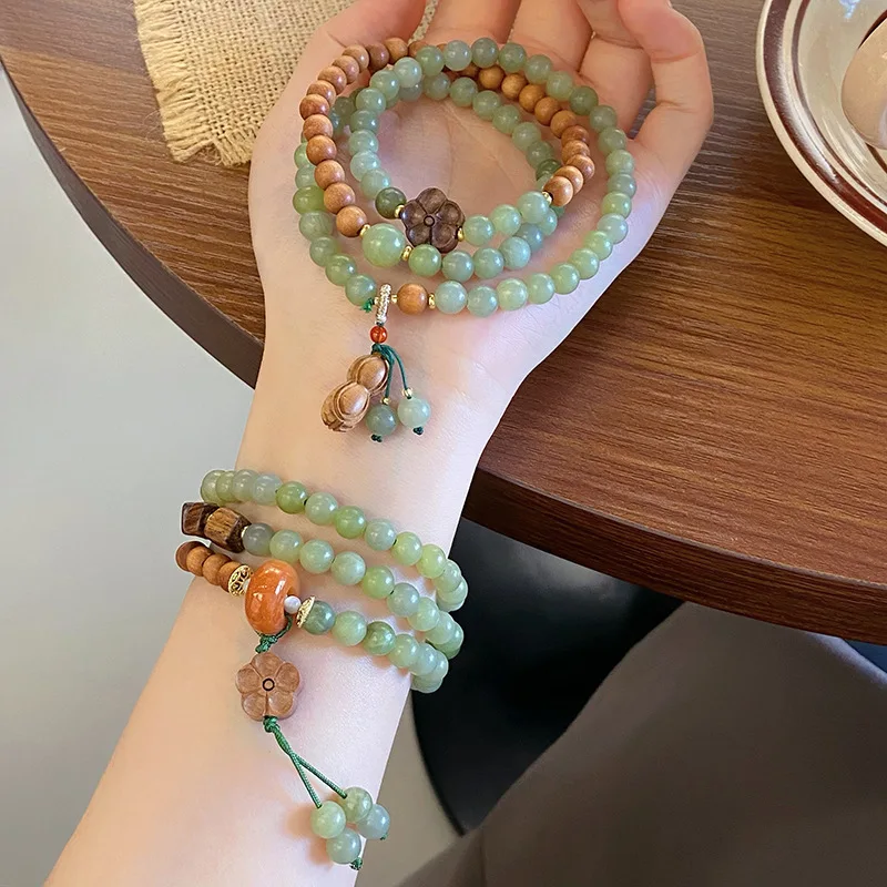 New Chinese Mori Artistic Ethnic Style Retro Xiuyan Jade Wooden Three Circles Dual-Wear Jewelry Bracelet Peanut Peac