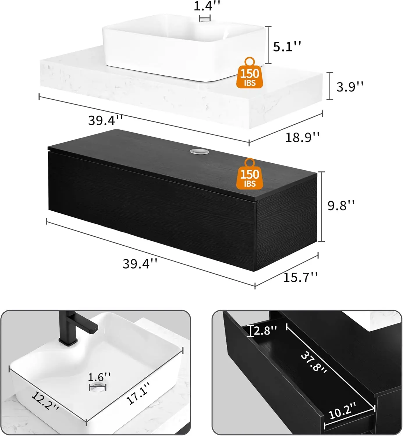 40 Inch Floating Bathroom Vanity with Sink, Wall Mounted Vanity Bathroom Cabinet with Sintered Stone Countertop,Bathroom, Black