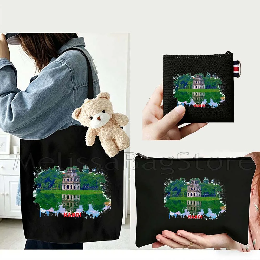 

4PCS Gifts Set Hanoi Vietnam White Canvas Tote Bag Handbag with Doll Key Coin Purse Cosmetic Makeup Toilet Bag Case Pouch