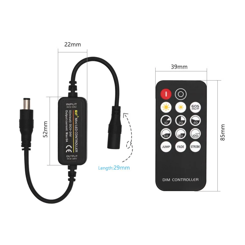 DC12V-24V LED Strip Light Controller Dimmer for Single Color Tape Lights Dimmer 3A RF+14-Key Remote Control Convenient Switch